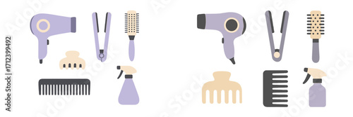 Hair styling tools arranged neatly on a white background for easy access during salon work