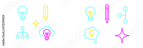 Bright and colorful icons representing creativity and innovation with light bulbs and pencils