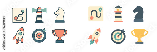 Icons representing navigation, games, and achievements in a modern digital design style