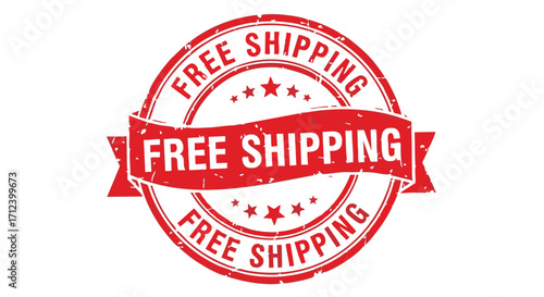 Red grunge stamp with ribbon proclaiming "Free Shipping".