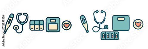 Health tools and medical equipment displayed in a flat layout for healthcare professionals