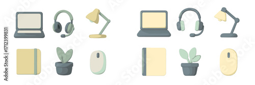 Creative workspace items including laptop, desk lamp, and plants for a modern and functional office setting