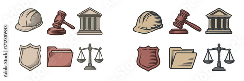 Legal symbols and items representing law, justice, and the legal profession in a simple design