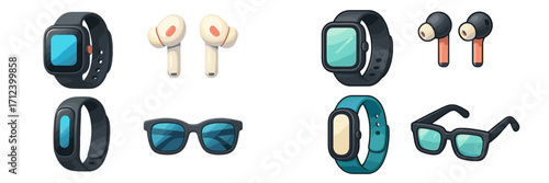 Variety of modern wearable technology including smartwatches, earbuds, and stylish sunglasses on a clean background