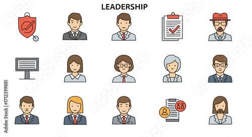 Leadership and management concepts illustrated with diverse professional portraits and icons.