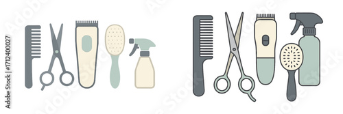 Collection of hair styling tools and equipment arranged neatly on a flat surface