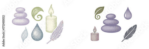 Zen spa elements with stacked stones, burning candles, leaves, water drops, feathers