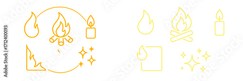 Colorful illustrations of flames, candles, and campfires create a warm and inviting atmosphere for cozy gatherings and celebrations