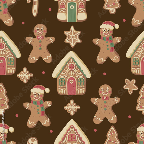 Christmas gingerbread gingerman seamless pattern with houses cookies snowflakes mittens stars festive holiday