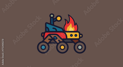 Mars Rover on Fire Cartoon Illustration.