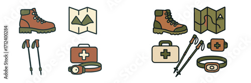 Essential hiking gear icons for outdoor adventures with maps, boots, and first aid supplies