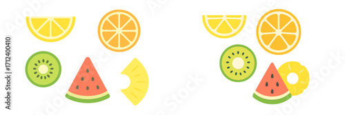 Colorful fruit slices arranged playfully on a white background for an inviting summer vibe