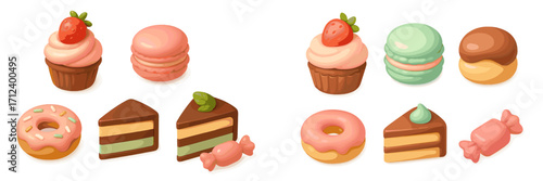 Colorful assortment of sweet desserts displayed on a white background with cupcakes, macaroons, and donuts