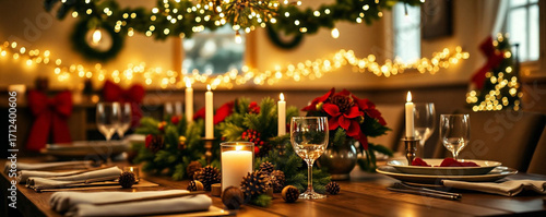 Elegant holiday dinner table setting in a cozy atmosphere Generative AI
