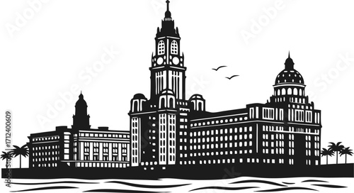 High resolution black and white city skyline silhouette for graphic design projects