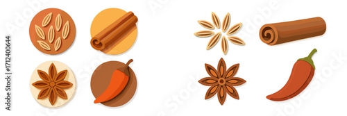 Colorful spices and herbs arranged in artistic designs highlight bold flavors in cooking and baking