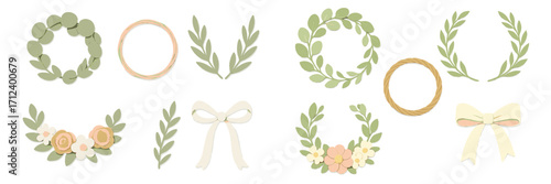 Various decorative wreaths and floral designs made of paper in soft green and pastel colors for crafts and celebrations