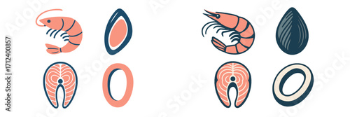 Colorful illustrations of various seafood types including shrimp, fish, and shellfish in a simple design