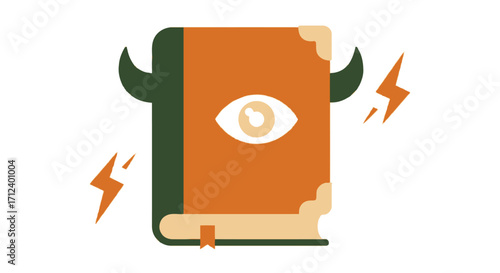Mysterious Book with Eye and Horns Illustration.