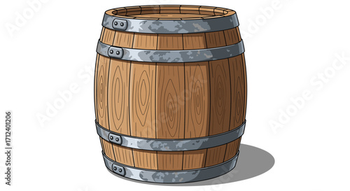 A weathered wooden barrel with metal bands on a white background.