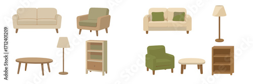 Stylish modern living room furniture collection featuring sofas armchairs coffee tables floor lamps and bookshelves