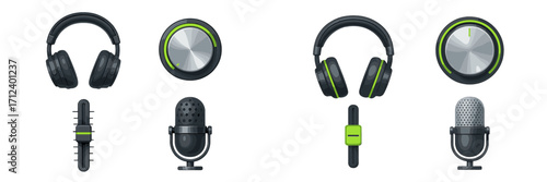 Modern audio equipment display featuring headphones, microphones, and controls on a simple background for enthusiasts and tech lovers