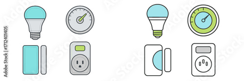 Smart home devices for energy efficiency and convenience shown in various designs and functionalities