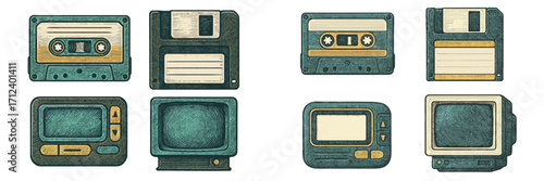 Vintage technology collection including cassette tapes, floppy disks, and retro televisions
