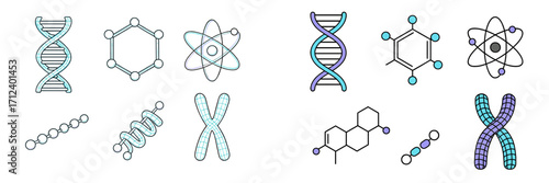 Scientific concepts in biology, chemistry, and genetics featuring DNA, atoms, molecules, and chromosomes