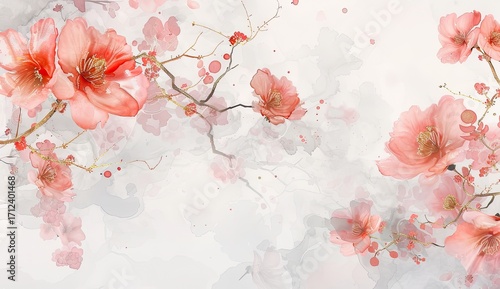 Watercolor painting of delicate peach blossoms on branches, set against a soft, hazy background of gray and white washes.  The overall effect is serene and elegant