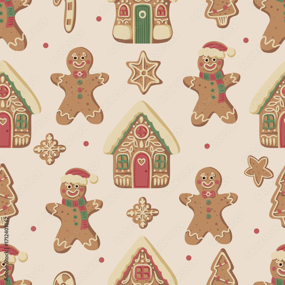 Naklejka premium Christmas gingerbread gingerman seamless pattern with houses cookies snowflakes mittens stars festive holiday