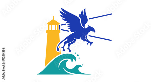 Mythical Blue Griffin Flying Over Ocean Wave with Lighthouse.