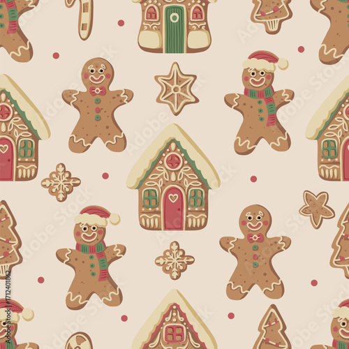 Christmas gingerbread gingerman seamless pattern with houses cookies snowflakes mittens stars festive holiday
