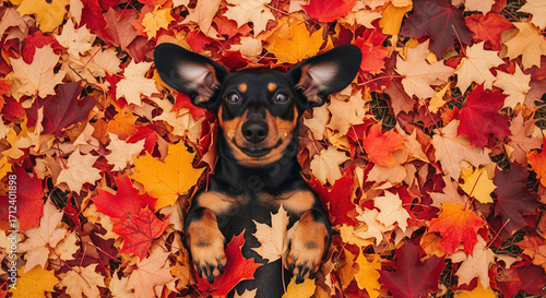 Happy Dachshund dog lying on its back in a bed of autumn leaves. Top view of a smiling dog playing in colorful red and orange fall foliage. Concept of joy, season, and pets.