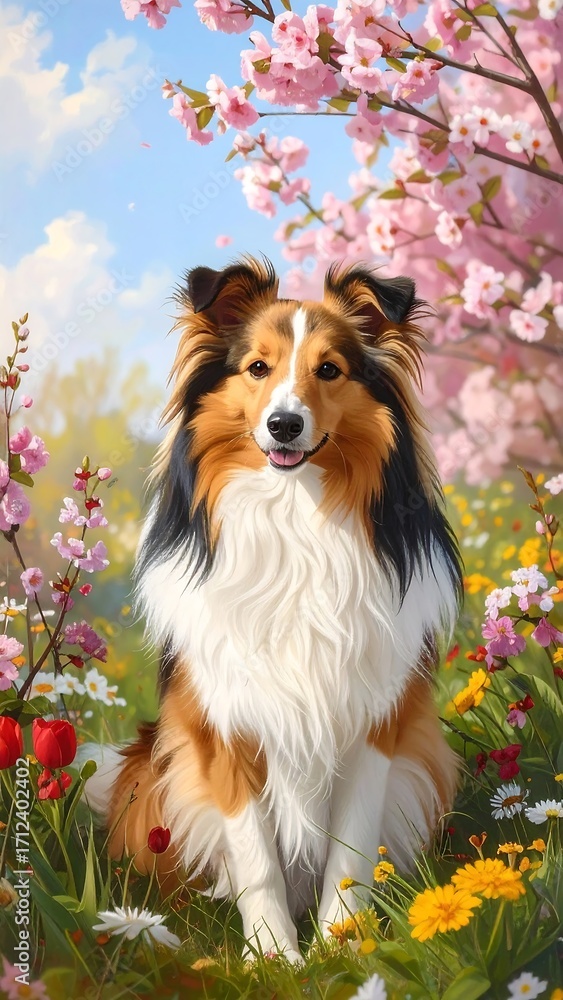 Fototapeta premium A sheltie dog, bathed in spring sunlight, sits amidst a vibrant meadow filled with cherry blossoms and wildflowers.