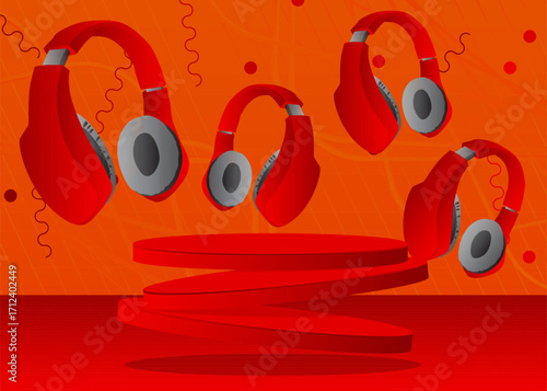 Mockup product display with Headset. Vector cylinder pedestal podium. Stage showcase for presentation. Minimal geometric forms.