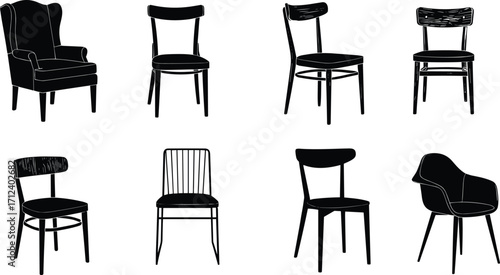 Modern chair silhouette collection, vintage seating design, elegant furniture illustration, wooden dining chairs, armchair vector set, stylish interior seating decor