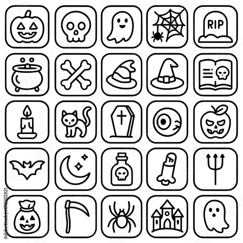 Icon pack, icon sheet, halloween theme, outline version, vector SVG, transparent background PNG