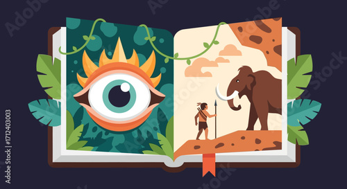 Open Book with Jungle Scene and Mystical Eye.