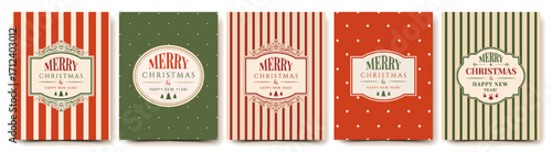 Merry Christmas and Happy New Year. Set of vintage polka dot and striped cards with frames and typography design. Vector design template for greeting card, banner, cover, poster, invitation or flyer