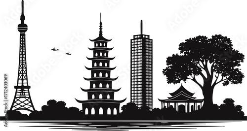 High resolution black and white city skyline silhouette graphic design for modern projects