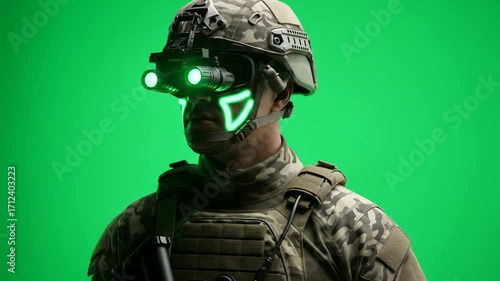 Close-up of a soldier in camouflage uniform wearing futuristic, glowing, green tactical gear.