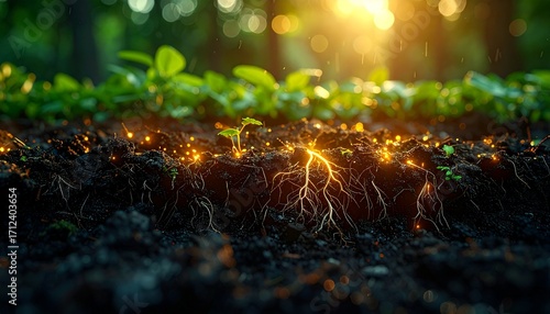 Close-up of Vibrant Seedlings and Luminous Roots Thriving in Fertile Soil Under Warm Sunlight, Illustrating Growth Energy