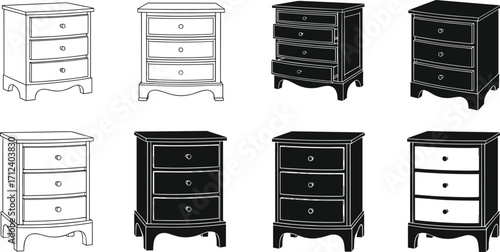 Nightstand drawer cabinet silhouettes, vintage bedside table design, black and white furniture vector illustration, wooden storage chest, home decor element