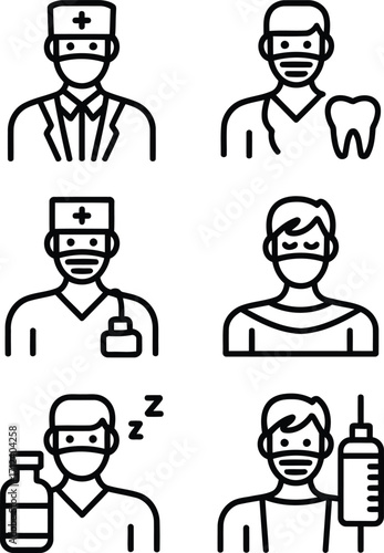 Collection of Health Professional Icons Featuring a Doctor, Dentist, Nurse and Anesthesiologist, Depicting Various Medical Roles in Black and White Style