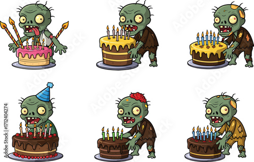 Funny cartoon zombies celebrating birthdays with cakes and candles, humorous horror vector set for Halloween, party, celebration, and festive themes