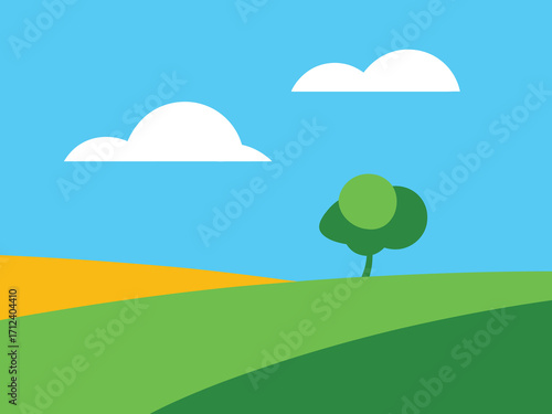 Minimalist rural landscape vector illustration featuring a solitary tree on colorful rolling hills under a clear blue sky, modern abstract nature artwork for design and decoration.