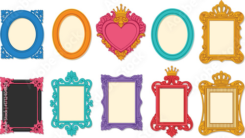 Ornate decorative picture frames set, vintage and modern styles, colorful oval, heart, circular, rectangular shapes with crowns, scrollwork, floral designs