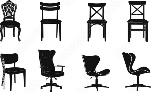 Set of various chair silhouettes, modern office chairs, vintage wooden seats, classic furniture, contemporary design, black vector illustration, interior decor