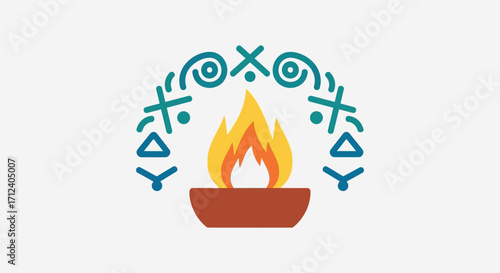 Sacred fire in a bowl with decorative ethnic ornaments.